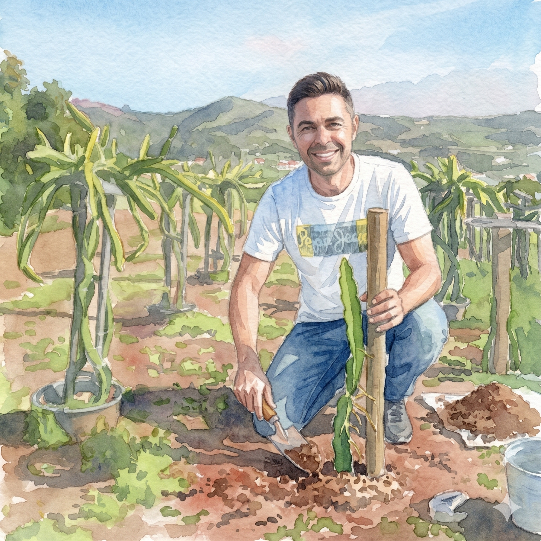 Oscar plantando una pitahaya